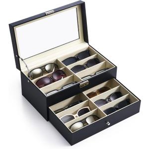 CO-Z Sunglasses Organizer with 12 Slots, Multiple Eyeglasses Eyewear Display Case for Women Men, 2 Story Leather Multi Sunglasses Jewelry Collection Holder with Drawer (Black)
