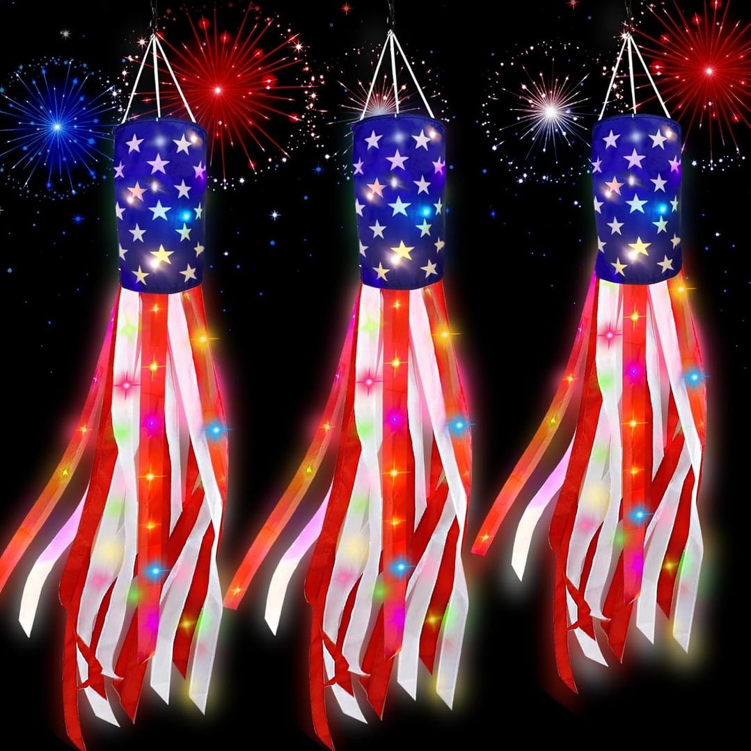 2 x 3 Pcs Large 70"+60"+40" American Windsock Heavy Duty, Memorial Day Decorations,Patriotic Fourth of July Outdoor Decor,American USA Flag Windsocks,Red White and Blue Decor for 4th of July,Outside