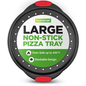 NutriChef 13-Inch Nonstick Pizza Tray - Round Carbon Steel Non-Stick Pizza Pan with Perforated Holes, Premium Bakeware Pizza Screen with Silicone Grip Handles, Dishwasher Safe - NCBPIZ1