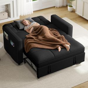 YITAHOME 55" Convertible Sofa Bed, 3-in-1 Sleeper Sofa with Iron Frame Pull-Out Bed, Linen Futon Couch with Reclining Backrest and Side Pocket, Modern Loveseat for Living Room Bedroom Apartment, Black