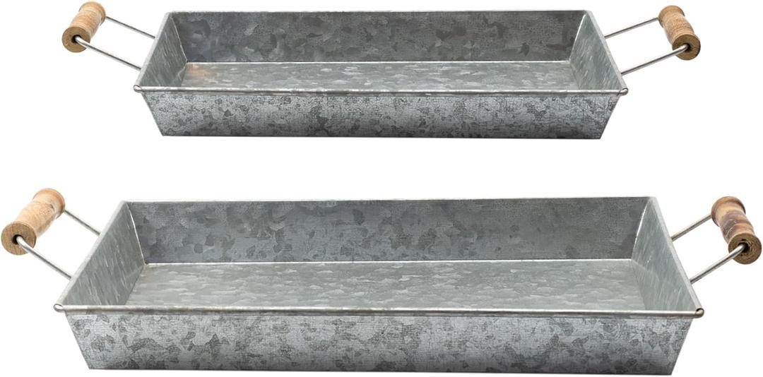 AuldHome Design Galvanized Farmhouse Trays (Set of 2, Small & Medium); Farmhouse Decor Rectangular Trays w/Handles