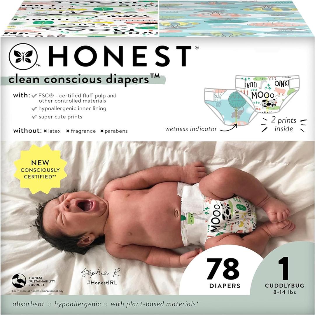 The Honest Company Clean Conscious Diapers for Sensitive Skin | Hypoallergenic, Fragrance Free | Gender Neutral Prints | Club Box, Size 1 (8-14 lbs), 78 Count (Size 1 (78 Count), Above It All + Barnyard Babies)
