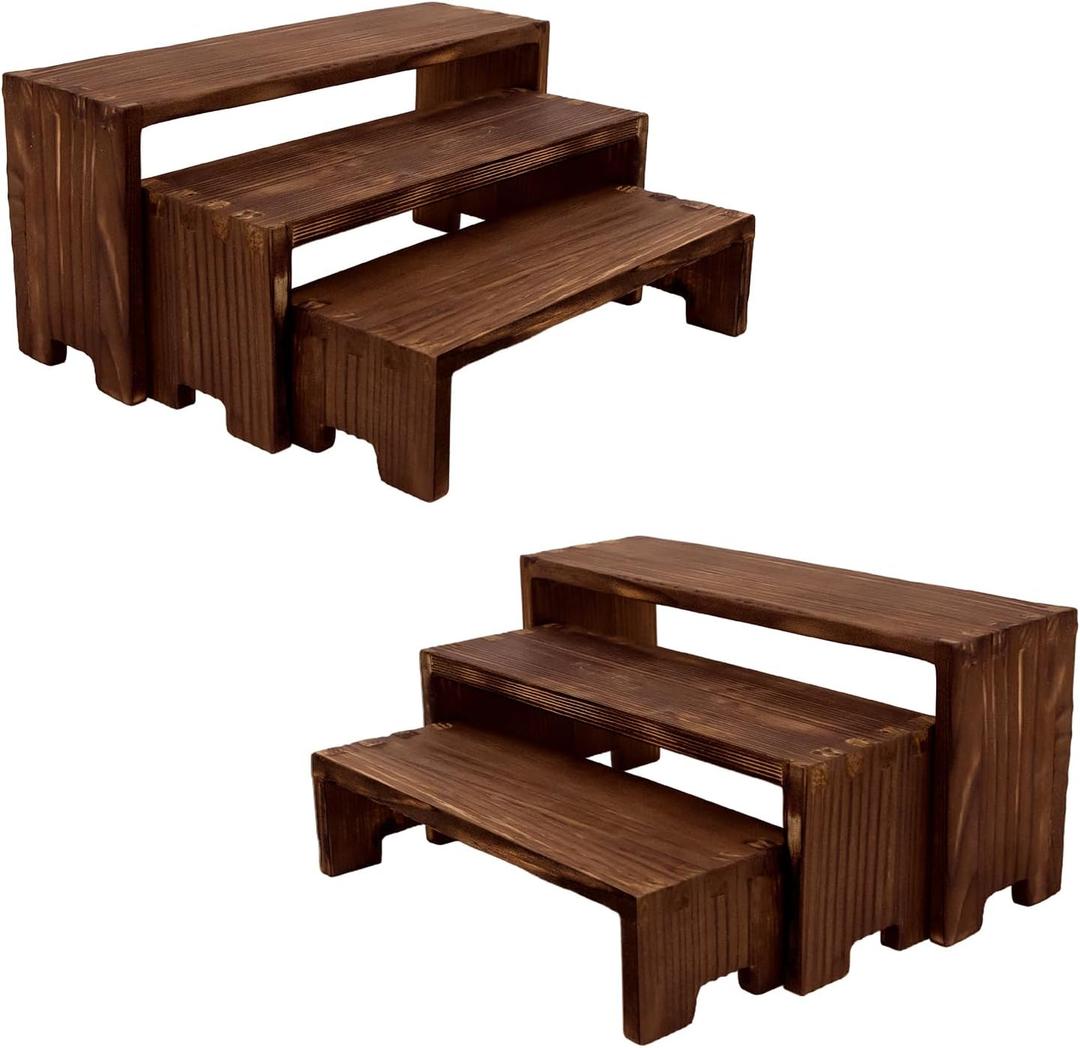 Display Wood Risers Wooden Stand 3 Tier Wood Racks Decorative Rectangular, 2 Set 6 Piece Cupcake Stands Cologne Perfume Organizer Showcase Items(Brown)