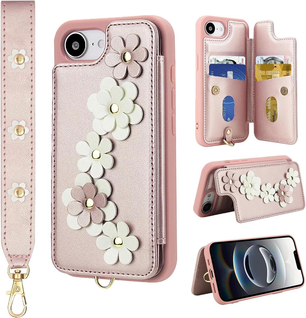 Compatible with iPhone 17e/16e Wallet Case with Card Holder for Women, Kickstand, Wrist Strap Flower Leather Flip Cover Designed for iPhone 17e 2026 / 16e 2025 6.1", Rose Gold