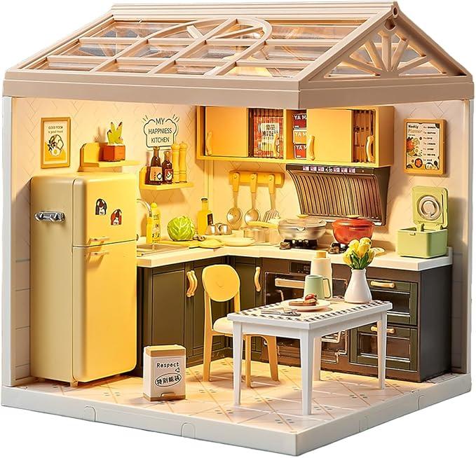 Miniature Kitchen DIY House Kit – 126Pcs Cooking Room Furniture Set with Plug-in LED Light & Modular Base, 1:24 Scale Model for Kids 8+, Teens & Hobbyists