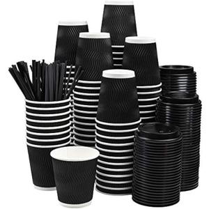 NYHI Pack of 100 10 oz Black Paper Cups with Black Lids Straws Coffee Cups Disposable BPA Free Insulated Ripple Kraft Paper Cups To go Cups for Hot or Cold Drinks Office Home Canteen Party Travel