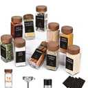Yangbaga 14Pcs Glass Spice Jars with Labels 4oz Acacia Wood Lid Square Spice Containers with Pepper Grinder Lids &Funnel,Seasoning Jars for Rack Cabinet Drawer