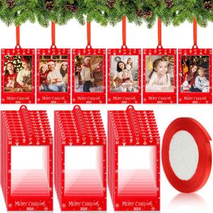 36 Pcs Merry Christmas 2025 Photo Frame Ornaments Acrylic 2 x 3 Picture Frame Ornaments Christmas Tree Decoration Compatible with Instax Polaroid Hanging Photo with Red Ribbon (Style 2)