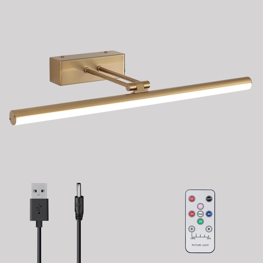 Picture Light,16inches Rechargeable Wireless Picture Light,Dimmable Led Artwork Lighting,Wall Lights for Paintings,Canvas,Gallery, Portrait (Brass) (Copper-Plated)