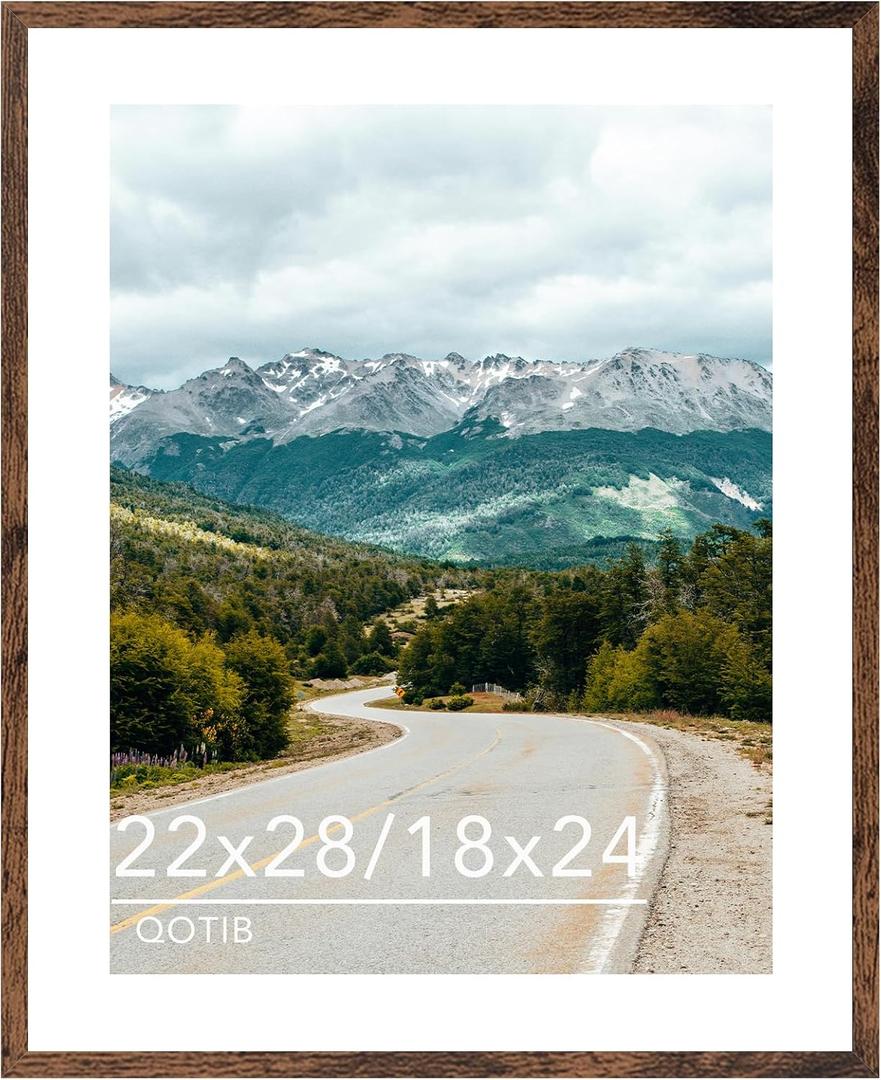 Wood 22x28 Picture Frame with 18x24 Mat, Display 18x24 with Mat or 22x28 Without Mat, Wood 22 by 28 Photo Frame, 22 x 28 Frame for Wall Hanging Display, Deep Brown