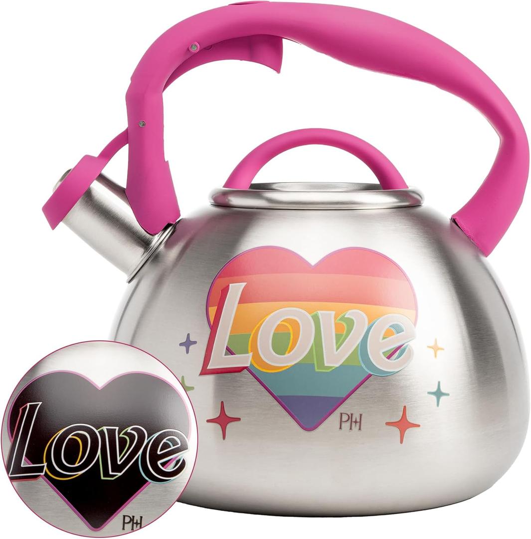 Paris Hilton Whistling Stovetop Tea Kettle, Stainless Steel with Rainbow Love Color Changing Heat Indicator Design, Soft Touch Handle, 2.5-Quart, Love Rainbow