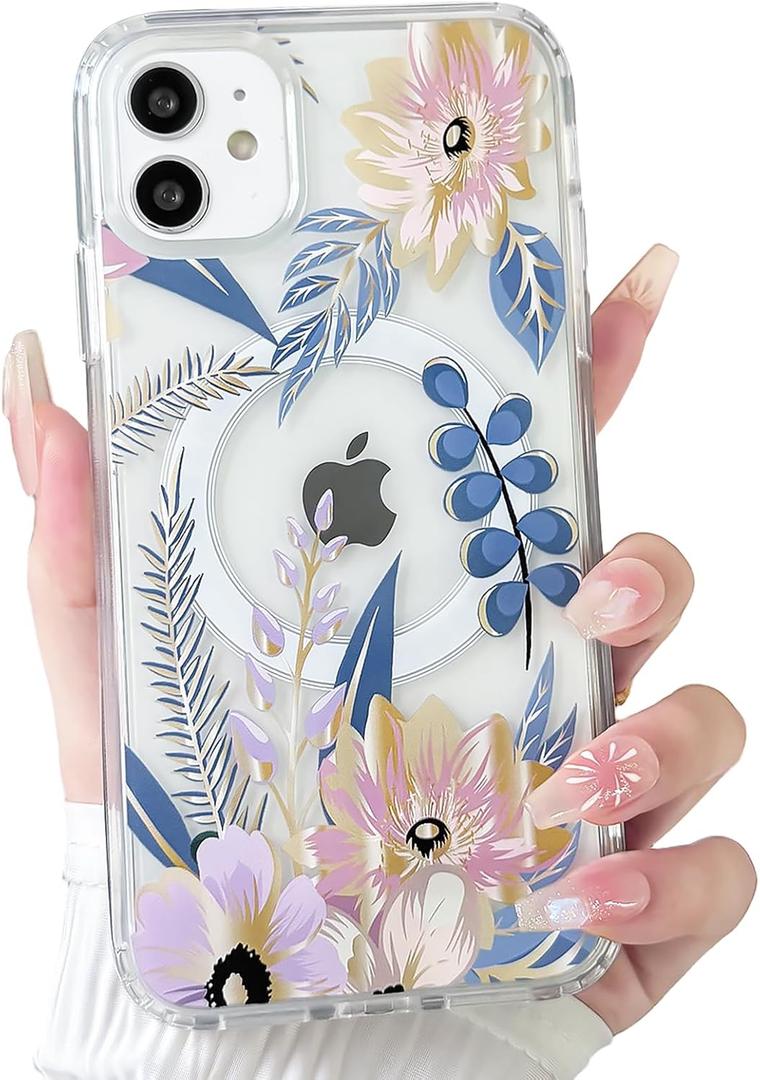 NITITOP Compatible with iPhone 11 Case Clear Magnetic Compatible with MagSafe Cute Metallic Flowers Floral for Women Girls Hard PC Back Shockproof Protective Phone Cover - Blue