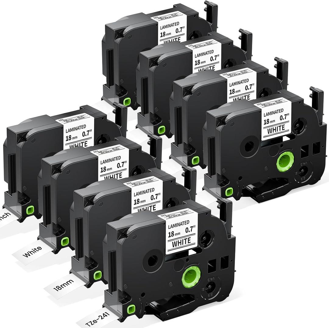 8-Pack TZe-241 TZe TZ Tape 18mm 0.7 Laminated White Compatible with Brother P Touch Label Tape 18mm .7 TZe241 for Brother PT-D400 PT-D410 PT-PT-D600 D610BT PTD460BT, 3/4 Inch
