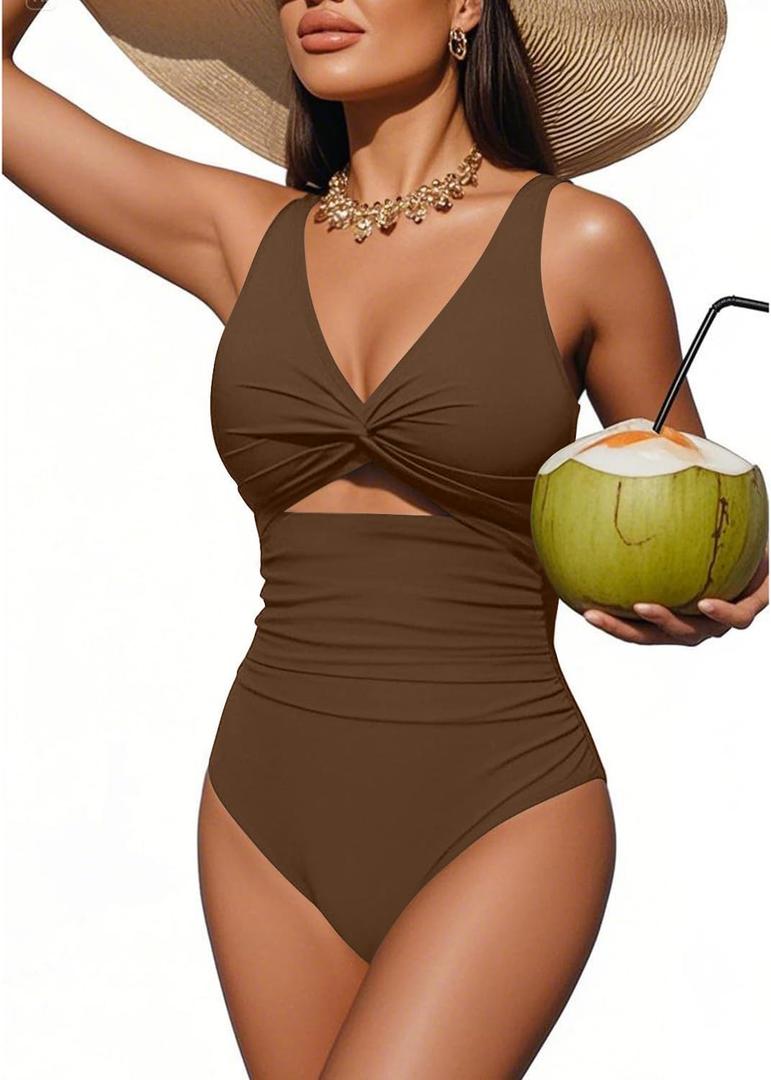 Tempt Me Women One Piece Swimsuits Tummy Control Cutout Bathing Suits Ruched V Neck Twist Front Swimwear (Large, Brown)