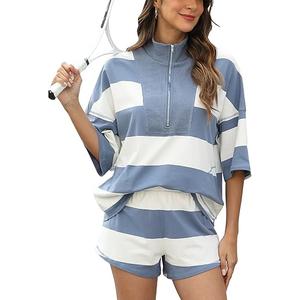 Women’s 2 Piece Striped Workout Set Oversized Zip Up Tee and Wide Leg Shorts Athletic Lounge Shirt and Shorts, Blue, L
