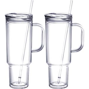 MEWAY 40 oz Tumbler with Handle and Straw LidDouble Wall Vacuum Reusable plastic Water Bottle Travel Mug CupClassic Acrylic Tumblers Cupholder Friendly (2 Pack) (Transparent)