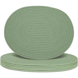Oval Woven Placemats Set of 6, Boho Cotton Rope Braided Table Mats, 17x13 Inches Non Slip Heat Resistant Place Mats for Dining Room, Thick Hot Pads for Farmhouse Kitchen Table Decor. (Green)
