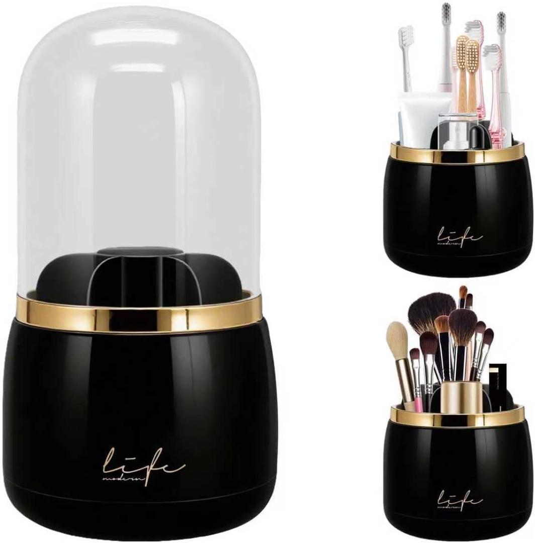 Toothbrush Holders with Cover,Dustproof 360 Rotating 7 Slots Toothpaste Holder for Bathroom Organizer Countertop,Makeup Brushes Organizer,Bathroom Accessories (Black)