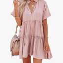 Dellytop Womens Drawstring V Neck Dress Ruffle Tiered Short Sleeve Babydoll Tunic Swing Sundresses S/M