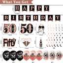 50th Birthday Decorations for Women, 33pcs 50th Birthday Crown and Sash, Black Rose Gold Happy 50th Birthday Banner Balloons Backdrop Hanging Swirls Paper Fans, 50 Years Old Birthday Decorations Kit