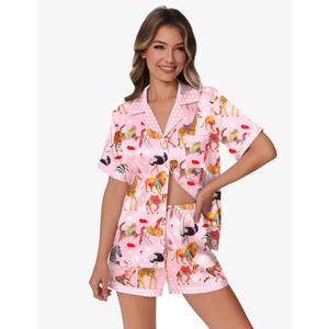 Ekouaer Womens Silk Satin Pajamas Set Animals Print Pjs Button Down Short Sleeve Lounge Set 2 Piece Sleepwear (Small, Black Leopard)