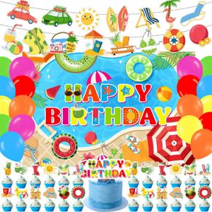 59 Pcs Pool Birthday Party Supplies, Summer Beach Pool Themed Party Decoration Pool Backdrop Balloons Cake Cupcake Topper for Swim Water Bash Luau Tropical Hawaii Themed Party Decor