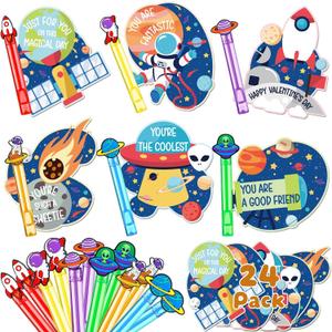 Jenaai 24 Pcs Valentines Gift Cards with Mini Bubble Wands Valentine's Exchange Gifts Prize Funny Bubble Wands with Cards Party Game Photo Supplies(Astronaut)