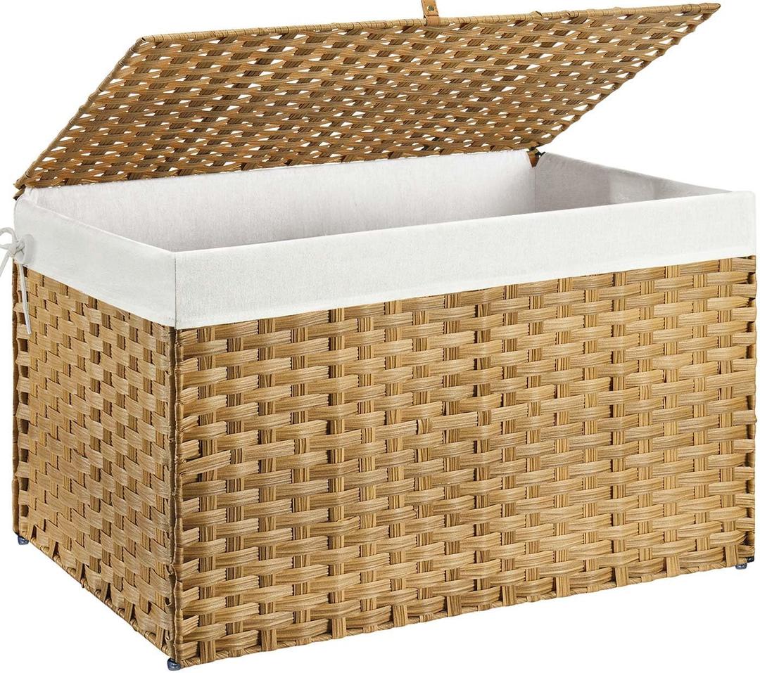 GREENSTELL Storage Basket with Lid, 42.3 Gallon(160L) Lagre Wicker Blanket Storage Basket with Handles, Foldable, 2 Removable Liner Bags, Metal Frame, for Bedroom, Laundry Room, Brown,30"*18.1"*18.1" (Natural)