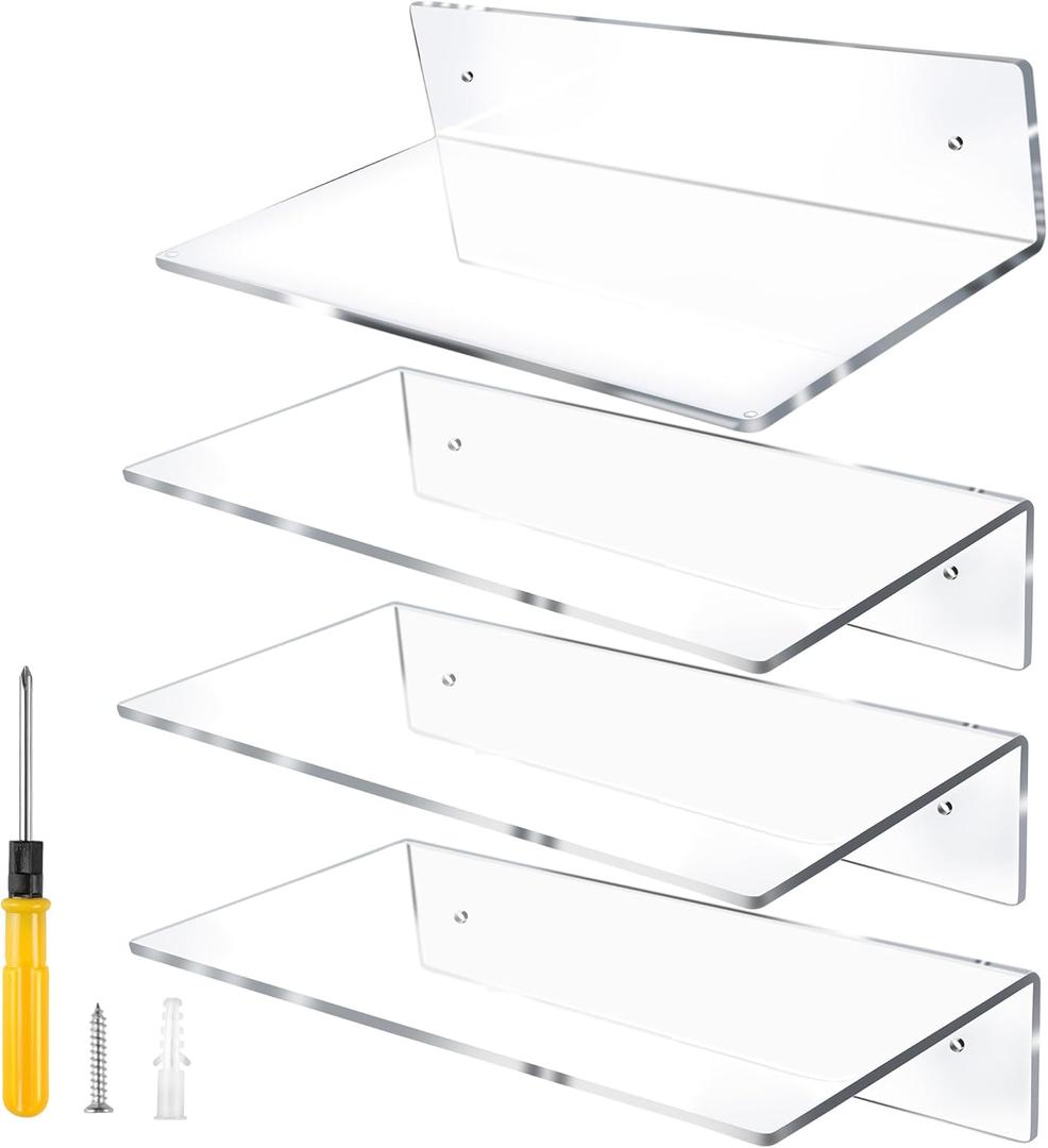12 Inch L-Shaped Acrylic Floating Shelf Clear Wall Mounted Shelves Invisible 5MM Thick Shelf for Wall Storage Clear Shelves for Makeup Photo Picture Book Record Display 4 Pack