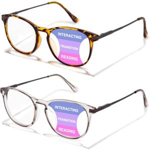 2 Pack Progressive Multifocal Reading Glasses Women No Line Bifocal Transition Readers Mid-Near Range 3ft Round Lens (Not 0 Top/Interacting)