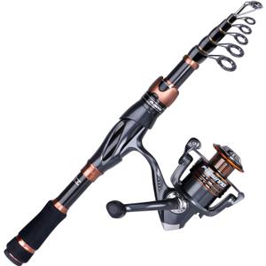 PLUSINNO Fishing Rod and Reel Combos, Bronze Warrior Toray IM6 Carbon Matrix Telescopic Fishing Rod Pole, 12 +1 Shielded Bearings Stainless Steel BB Spinning Reel, Travel Freshwater Fishing Gear