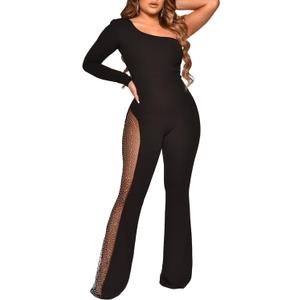 Women Sexy One Shoulder Bodycon Rhinestone Leg Jumpsuit Wide Leg Split Long Pant Club Romper Overall (Small, Black)