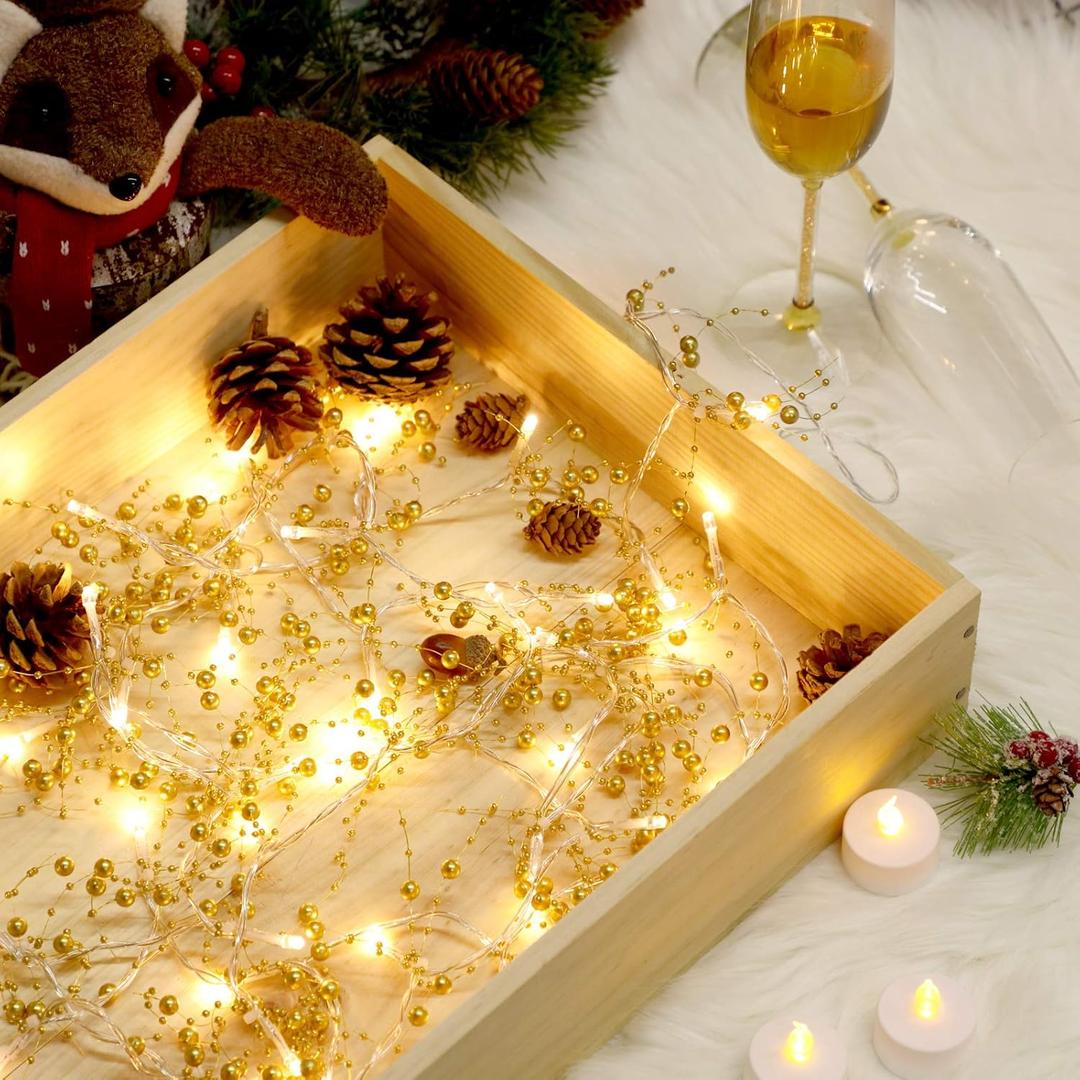 Mudder 13 ft 40 LED Christmas Light Pearl Berry Beaded Garland String Light for Indoor Outdoor Festive Birthday Party Wedding DIY Home Mantel Decoration 2 Flicker Modes (Gold)