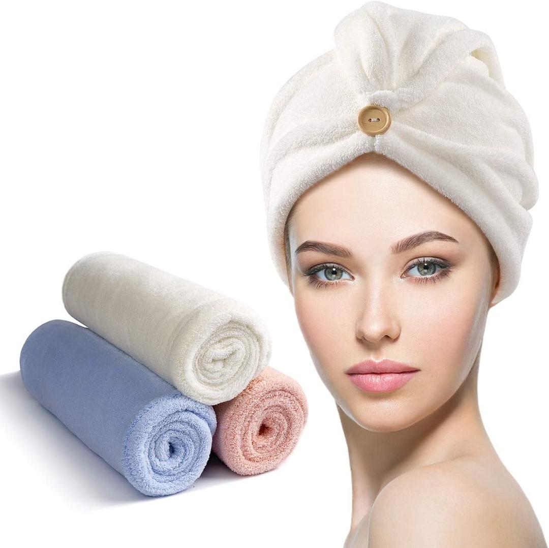 YFONG 3 Pack Microfiber Hair Towel Wrap for Women, Rapid Drying Towels for Hair with Button,Super Absorbent Hair Turbans for Wet Hair Long Thick Curly Hair (Blue, Pink, White)