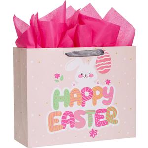 Bobobag 16" Large Easter Gift Bag with Tissue Paper for kids,Easter Egg Hunts (Pink)