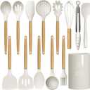 oannao Silicone Cooking Utensils Set - 446F Heat Resistant Silicone Kitchen Utensils for Cooking,Kitchen Utensil Spatula Set w Wooden Handles and Holder for Non-Stick Cookware (Cream White)