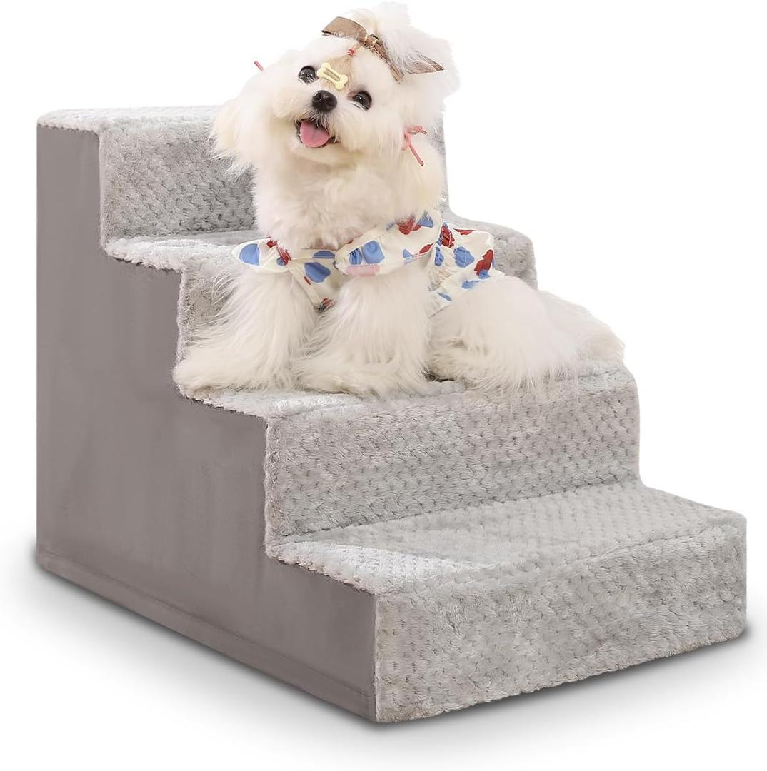 Dog Stairs for Small Dogs, 17.5" H, 4-Step Dog Steps for High Bed Couch and Sofa, Pet Stairs for Dogs and Cats Climbing with Non-Slip Bottom and Washable Cover, Light Grey