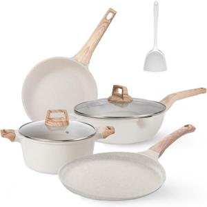 Pots and Pans Set, White Nonstick Induction Cookware Sets with Stay-Cool Handles, Kitchen Pan Sets for Cooking with Saucepan & Frying Pans & Crepe Pan, PFOS and PFOA Free (7pcs)