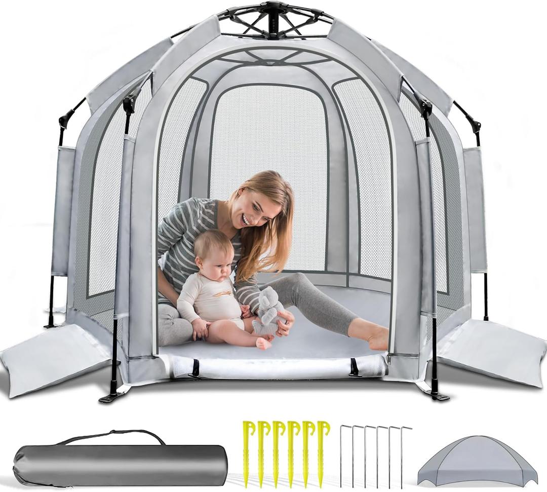 Baby Playpen with Canopy, Portable Baby Beach Tent, Toddler Play Yard Indoor and Outdoor, Foldable Mosquito Net for Infant - Grey