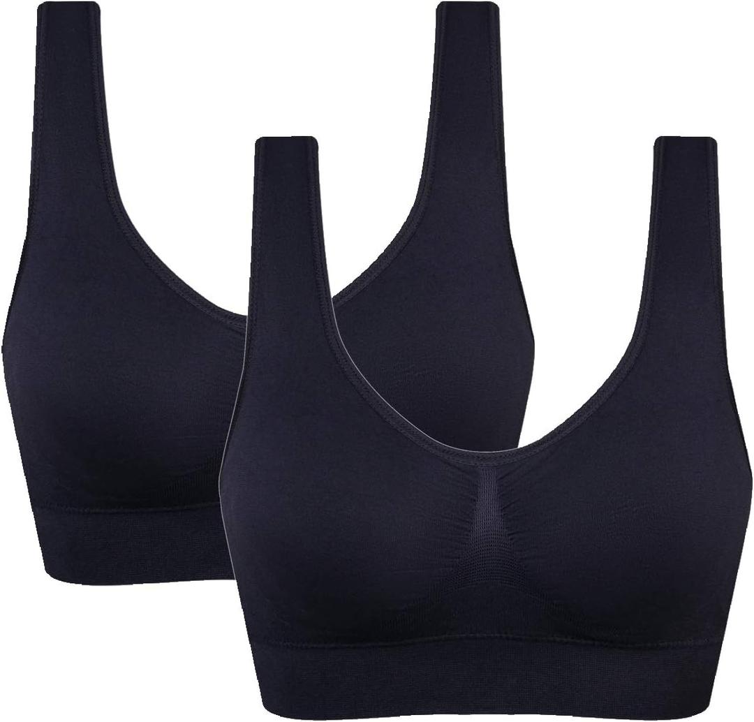 Women's Comfort Workout Sports Bra Low-Impact Activity Sleep Bras (Large, 2 Pack Black)