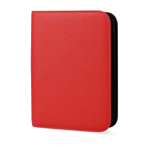 Zettokete 4 Pocket Trading Card Binder, Ringless Card Binder with Zipper for TCG and Sport Cards Collections, Holds 160 Cards with Side-Loading Pages, Red