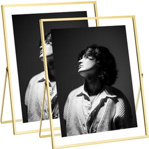 eletecpro 8x10 Metal Picture Frame Set of 2 with Real Glass Cover, Tabletop Display Photo for Multiple Size up to 8x10, Gold Floating Photo Frame for Wedding, Party, Home Decor, Vertical