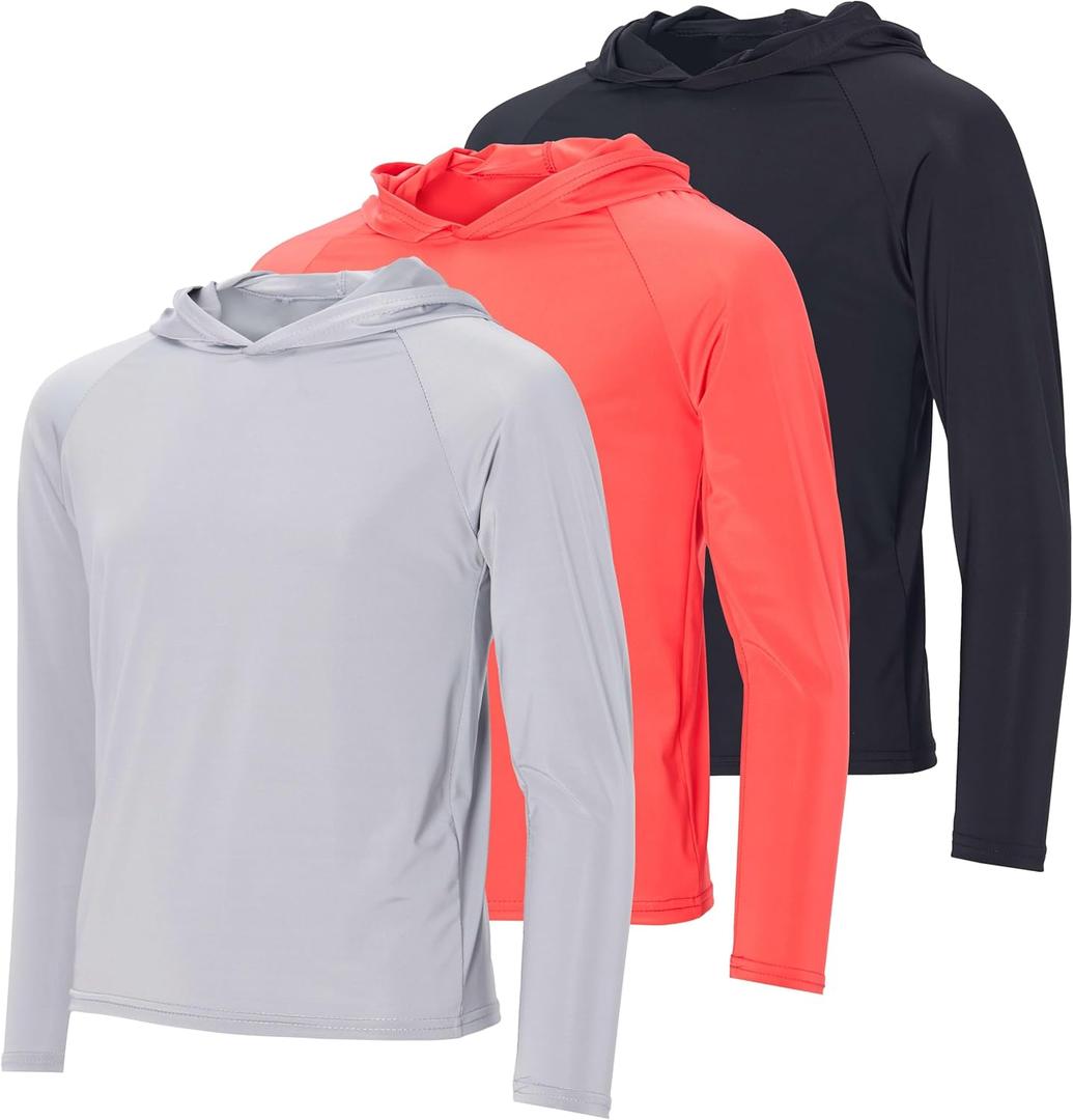 Real Essentials 3 Pack, Boys' Rashguard Long Sleeve Hoodie UV Sun Protection Fishing Swim Shirt for Youth Kids Teens (X-Large, Set 4)