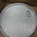 Coffee Table Tray Round Rattan Ottoman Tray Woven Serving Trays with Handles for Home and Kitchen Decorative Whitewash (Large 16.9 inch)