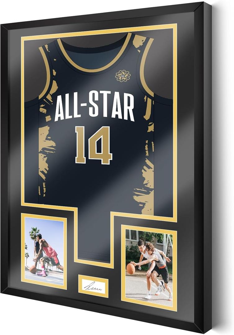 Juexica Jersey Frame Display Case Jersey Shadow Box 32 x 24 Inch with Photo and Signature Display with Tempered Glass Cover for Football Baseball Basketball Hockey, Mens Sport Fans Gift(Black Gold)