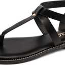 Colgo Thong Flat Sandals, Casual Women T-Strap Dress Sandals with Adjustable Ankle Buckle for Summer Wedding (9, Ls Black/Sdl)