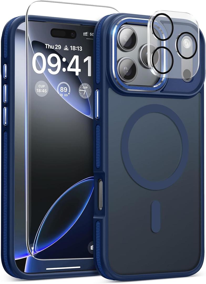 Magnetic 3 in 1 for iPhone 17 Pro Case, [Omni-Directional Protection] with 1x Screen Protector + 1x Camera Cover, [Seamless Work with Magsafe] Shockproof Slim Thin Matte Case for iPhone 17 Pro Blue