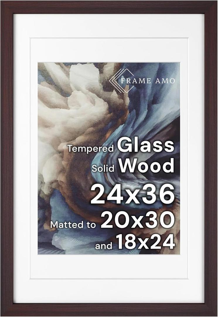 Frame Amo 24x36 Solid Wood Poster Frame Brazilian Walnut, White Multi Mat for 20x30 and 18x24 Image, Tempered Glass Front, 1.5 inch Wide, 1 inch Thick, High-End, Heavy-Duty, Gallery Grade & Acid-Free