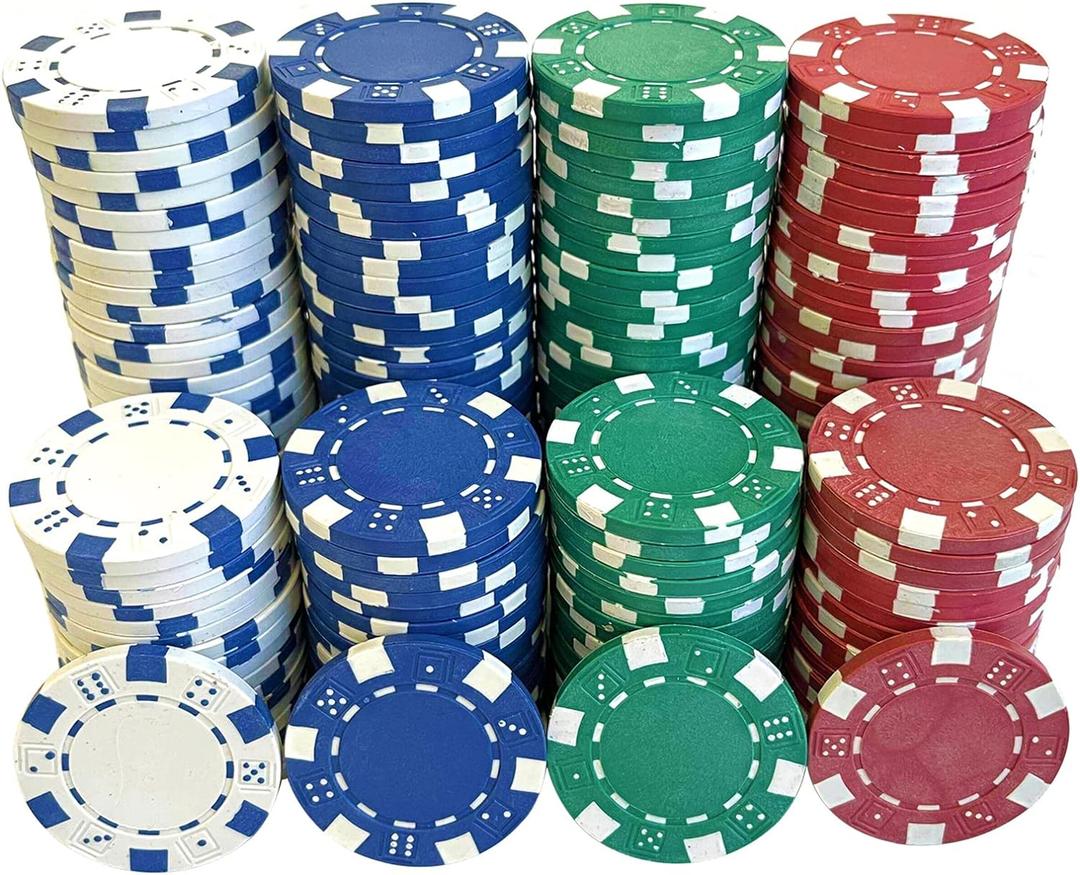 SEETOOOGAMES 200 Pieces 11.5g Clay Composite Dice Striped Casino Poker Chips- 4 Colors (Red, Green, White and Blue)