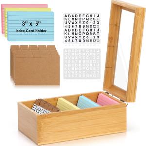 3x5 Index Card Holder with Dividers Bamboo Index Card Organizer Index Card Storage Box 150 Index Flash Cards 25 Index Cards Dividers 2 Letter Smile Stickers for Office Business Home (3 x 5 Inches)